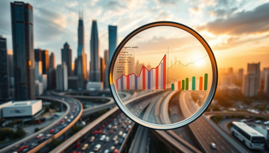 A bustling city skyline, with towering skyscrapers and a network of roads and highways. In the foreground, a magnifying glass hovers, casting a focused light on the intricate web of traffic, revealing the organic flow of vehicles and pedestrians. The middle ground showcases a data visualization dashboard, displaying graphs and charts that illustrate the impact of this organic traffic on key business metrics. The background is bathed in a warm, golden glow, conveying a sense of growth and prosperity. The scene is captured with a wide-angle lens, creating a sense of depth and immersion. The overall mood is one of analysis and optimization, inviting the viewer to explore the intricacies of how organic traffic drives successful outcomes.