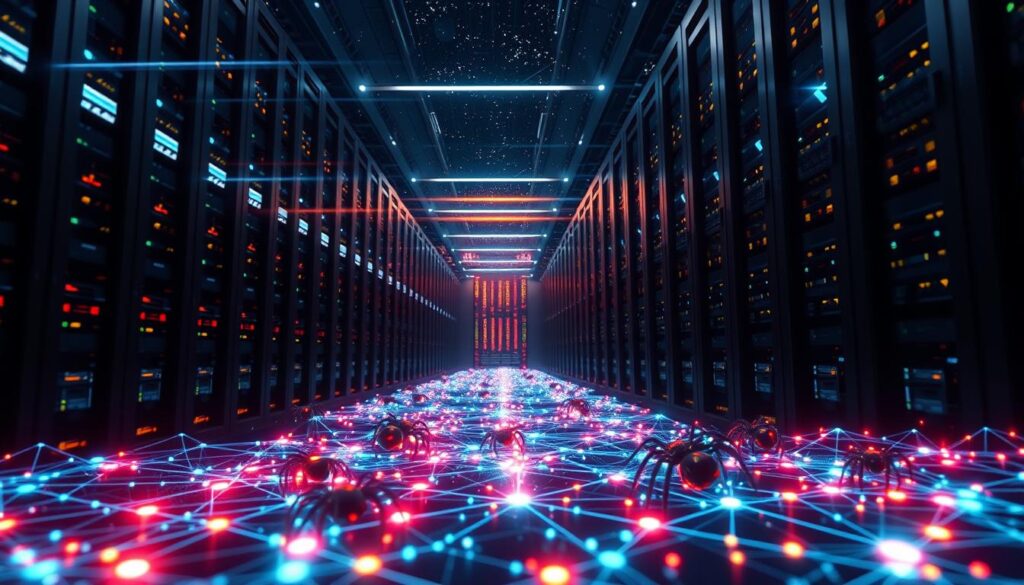 A cinematic aerial view of a futuristic data center, with towering server racks and glowing holographic interfaces. In the foreground, a network of interconnected nodes and pathways, pulsing with energy, visualizing the intricate algorithms that power search engine functionality. The middle ground features lifelike 3D models of search engine spiders crawling through the digital landscape, indexing and cataloging information. The background is filled with a starry night sky, casting a serene and contemplative atmosphere over the technological wonder. Subtle depth of field blur, dramatic lighting, and a cinematic camera angle combine to create a visually striking depiction of "how search engine algorithms work".