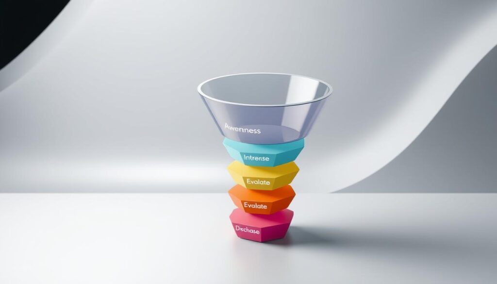 A detailed, 3D illustration of a sales funnel seamlessly aligning with a customer journey. The foreground depicts the various stages of the sales funnel - Awareness, Interest, Consideration, Intent, Evaluation, and Purchase - each represented by distinct geometric shapes and colors. The middle ground showcases the corresponding steps of the customer journey - Discover, Explore, Evaluate, Decide, and Engage. These two elements are intricately interwoven, creating a harmonious and cohesive visual. The background features a sleek, minimalist design with soft, directional lighting that enhances the sense of depth and unity. The overall mood is one of efficiency, clarity, and strategic alignment between marketing and sales processes.