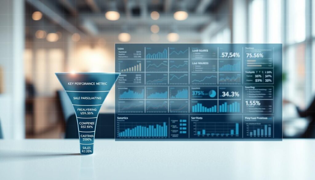 A detailed, data-driven sales funnel visualization. In the foreground, a sleek, minimalist sales funnel graphic with key performance metrics displayed along its stages, rendered in a clean, corporate style. The middle ground features a grid of line charts and bar graphs, showcasing conversion rates, lead sources, and other sales KPIs. The background is a soft, blurred backdrop of a modern office setting, with subtle grid lines and data visualizations subtly visible. The overall mood is one of analytical precision and data-driven decision making, suitable for a digital marketing strategy article.