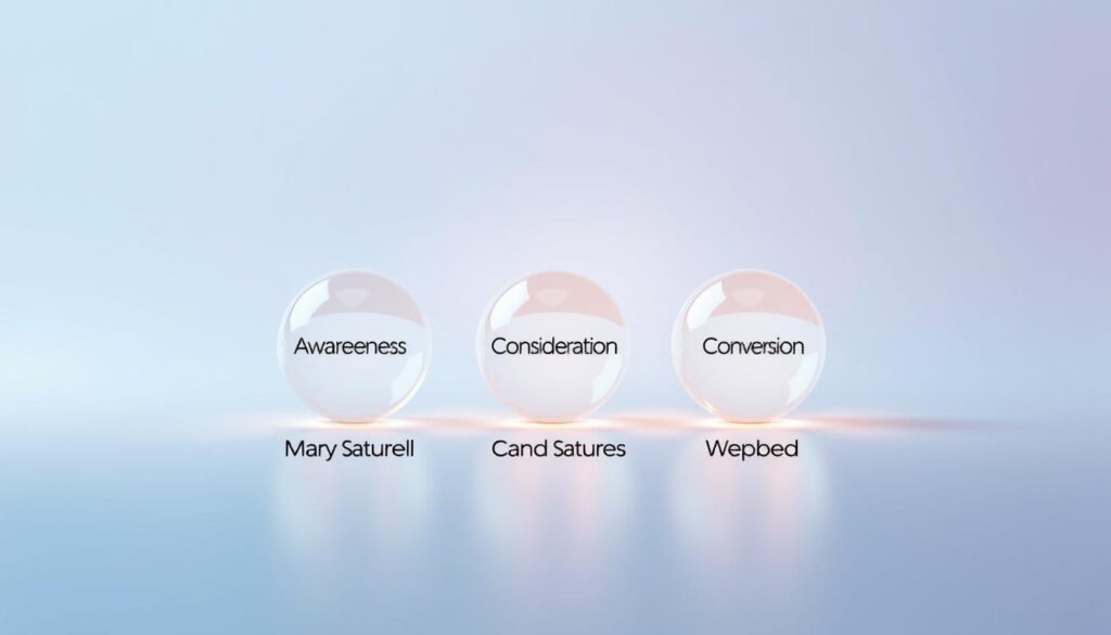 A detailed step-by-step process illustration showcasing the main stages of a digital sales funnel. In the foreground, three distinct steps are highlighted - Awareness, Consideration, and Conversion - depicted as individual glowing glass spheres or orbs arranged in a vertical layout. The middle ground features a smooth, reflective surface, creating a sense of depth and dimension. In the background, a soft, ethereal gradient in shades of blue and purple sets a contemplative, analytical mood, complementing the clean, minimalist style. Balanced lighting from multiple angles accentuates the three-dimensional forms and the overall sense of depth. The composition should convey a sleek, modern, and visually captivating representation of the digital sales funnel's core stages.