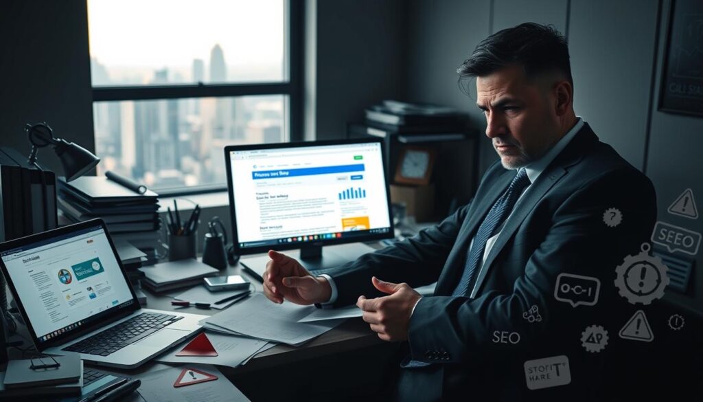 A dimly lit office workspace with a cluttered desk, scattered papers, and a laptop displaying a webpage with common SEO errors. The foreground features a frustrated businessman grimacing while examining a report, conveying the impact of these mistakes on digital visibility. The middle ground shows a variety of SEO-related icons, symbols, and warning signs. The background depicts a hazy, out-of-focus cityscape through a window, suggesting the broader implications of these common SEO pitfalls for an organization's online presence and growth.