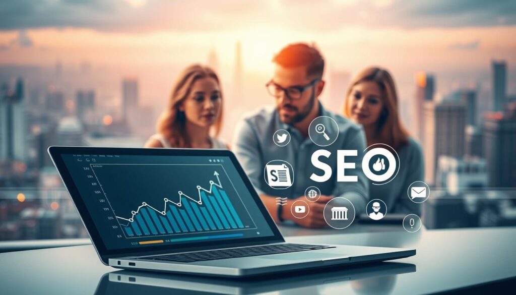 A dynamic and harmonious integration between inbound marketing and SEO. In the foreground, a sleek laptop displays analytics data, surrounded by icons representing social media, content creation, and search engine optimization. In the middle ground, a team of digital marketers collaborates, their expressions focused and collaborative. The background features a vibrant cityscape, symbolizing the interconnected digital landscape. Soft, warm lighting illuminates the scene, conveying a sense of productivity and progress. The composition emphasizes the synergy between these two complementary disciplines, reflecting their essential role in modern digital marketing strategies.