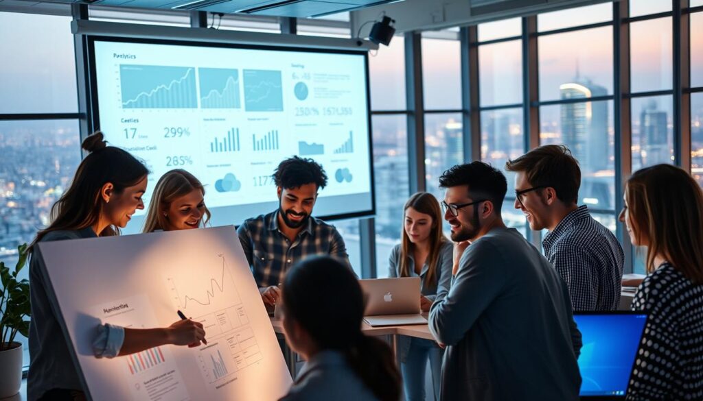 A dynamic, visually engaging scene showcasing strategic content production. In the foreground, a team of creatives collaborating on a digital whiteboard, their faces illuminated by the soft glow of their laptop screens. Behind them, a large projection screen displays analytics data and performance metrics, highlighting the data-driven approach. In the background, a sleek, modern office space with floor-to-ceiling windows, letting in natural light and offering a panoramic view of a bustling city skyline. The atmosphere is one of focused, purposeful energy, conveying the idea of a digital marketing agency driving impactful, strategic content creation.