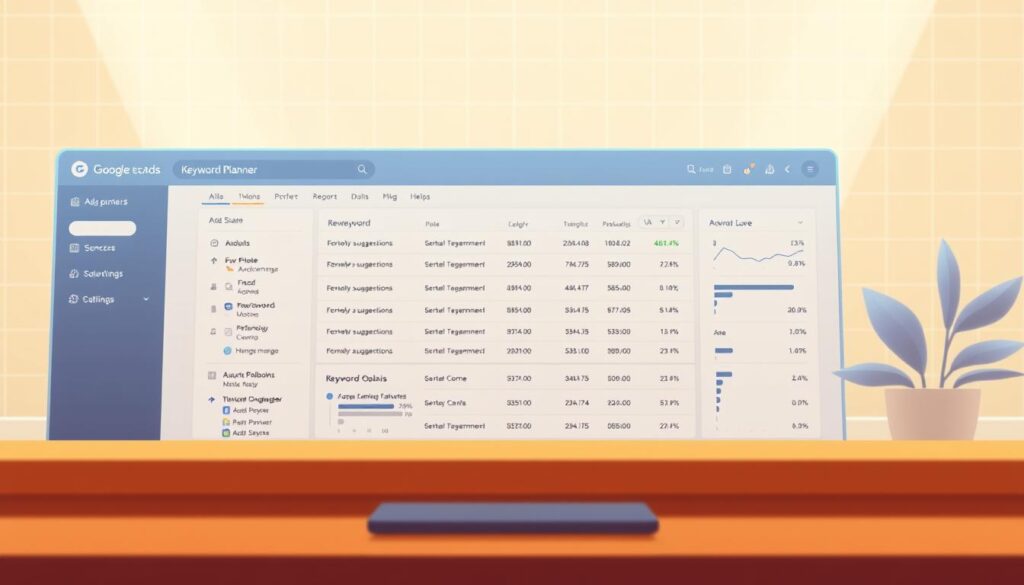 A high-resolution digital illustration of a Google Ads Keyword Planner tool interface. The foreground displays the tool's main dashboard, featuring intuitive controls and data visualizations. In the middle ground, a series of keyword suggestions and performance metrics are neatly arranged. The background showcases a subtle grid pattern, evoking a sense of structure and organization. The overall scene is bathed in a warm, inviting color palette, with soft lighting that creates depth and highlights key elements. The mood is informative yet approachable, reflecting the tool's purpose of helping users develop effective keyword strategies.