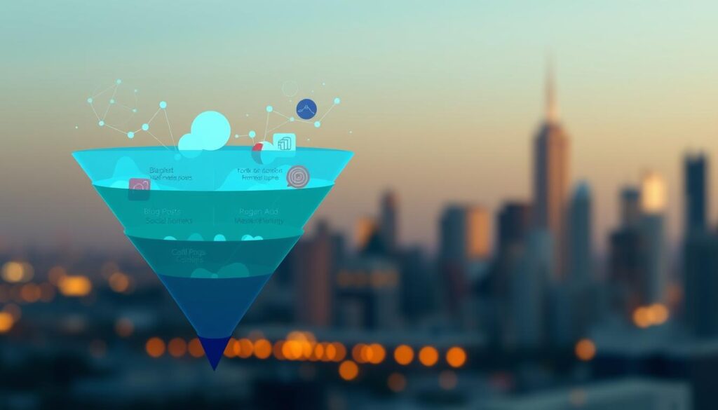 A modern, minimalist digital marketing sales funnel, with distinct layers representing the different stages of the buyer's journey. In the foreground, a sleek funnel shape in shades of blue and green, each segment filled with relevant content types like blog posts, social media posts, and targeted ads. The middle ground features abstract geometric shapes and lines, hinting at the data-driven analytics and optimization that powers the funnel. In the background, a soft, blurred city skyline in warm tones, symbolizing the broader digital landscape in which the sales funnel operates. The overall mood is one of efficiency, progress, and strategic content creation. Lighting is soft and diffused, with a cinematic depth of field. Rendered in a clean, contemporary 3D illustration style.