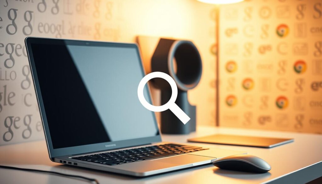 A modern, minimalist office scene with a laptop, keyboard, and mouse on a clean desk. Warm, indirect lighting creates a cozy, focused atmosphere. In the middle ground, a stylized magnifying glass icon represents search engine optimization, hinting at the subject. The background features a simple, repeating pattern of search engine logos subtly fading into the distance, suggesting the broader context of online visibility and discoverability.