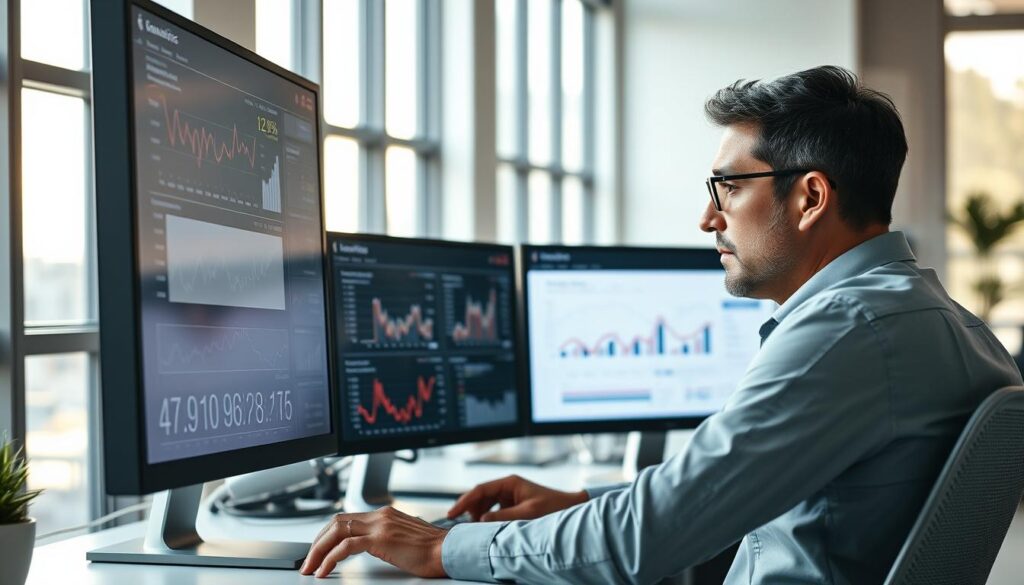A professional SEO specialist sits at a desk, intently analyzing web analytics data displayed on multiple computer screens. Soft natural light filters in from large windows, casting a warm glow on the scene. The expert's gaze is focused, brow furrowed in concentration, as they meticulously review traffic metrics, search engine rankings, and keyword performance. The office space is modern and minimalist, with clean lines and muted colors that allow the data visualizations to take center stage. This image conveys the analytical mindset and dedication required to optimize a website's online presence and drive impactful results for clients.