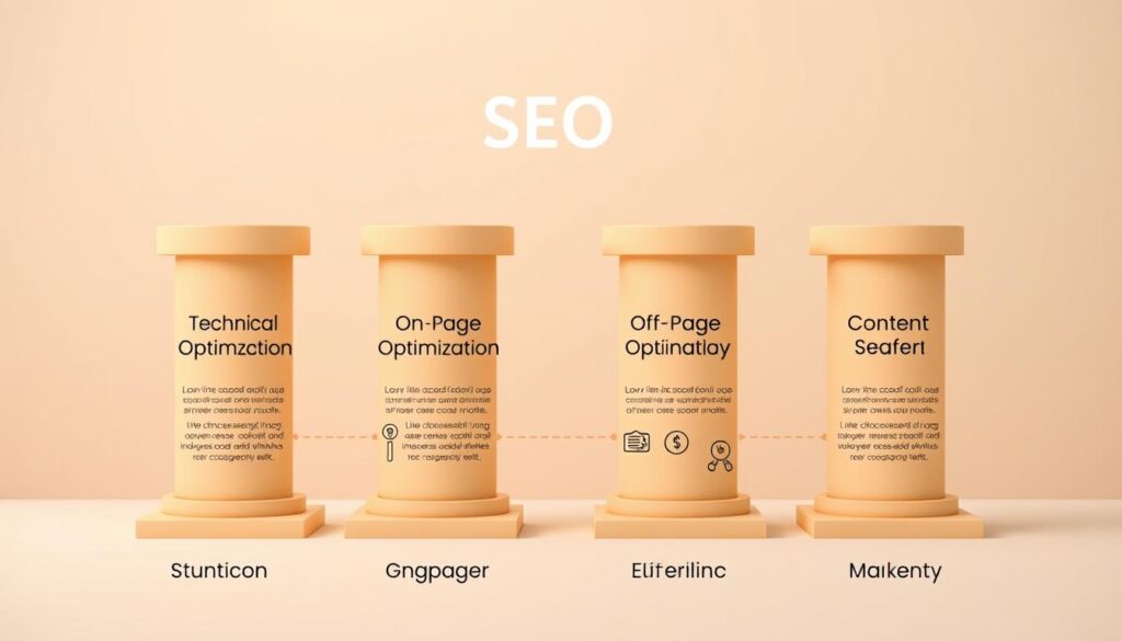 A professional and neatly organized four-pillar SEO strategy framework displayed in a clean, minimalist infographic style. The foreground shows four distinct pillars or columns, each representing a key SEO focus area - Technical Optimization, On-Page Optimization, Off-Page Optimization, and Content Marketing. The middle ground depicts elegant line art icons illustrating the specific components within each pillar. The background features a subtle, soft-focus gradient providing a sense of depth and a calming, professional atmosphere. Warm, muted color tones and high-contrast elements create a visually striking, yet easy-to-comprehend layout suitable for a business publication.
