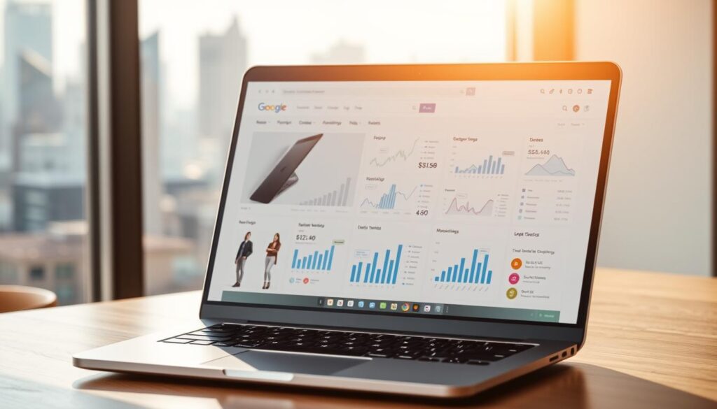 A sleek and minimalist e-commerce website displayed on a laptop screen, showcasing various search engine optimization (SEO) strategies. The foreground features a clean user interface with clear navigation, product categories, and a search bar. The middle ground highlights several data visualization elements, such as graphs, charts, and analytics dashboards, demonstrating the impact of SEO tactics. The background subtly depicts a cityscape, conveying a sense of the global reach and digital landscape of online retail. The scene is illuminated by warm, natural lighting, creating a professional and inviting atmosphere. The overall composition emphasizes the importance of strategic SEO implementation for e-commerce success.