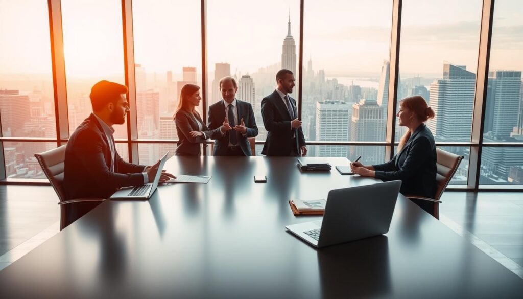 A sleek, modern office interior with a large conference table in the foreground. The table is adorned with a laptop, a pen, and a stack of documents. In the middle ground, several business professionals are engaged in a meeting, gesturing and discussing intently. The background features floor-to-ceiling windows overlooking a bustling city skyline, bathed in the warm glow of natural light. The atmosphere conveys a sense of professionalism, productivity, and an air of trust and reliability in the process of choosing a trustworthy SEO agency.