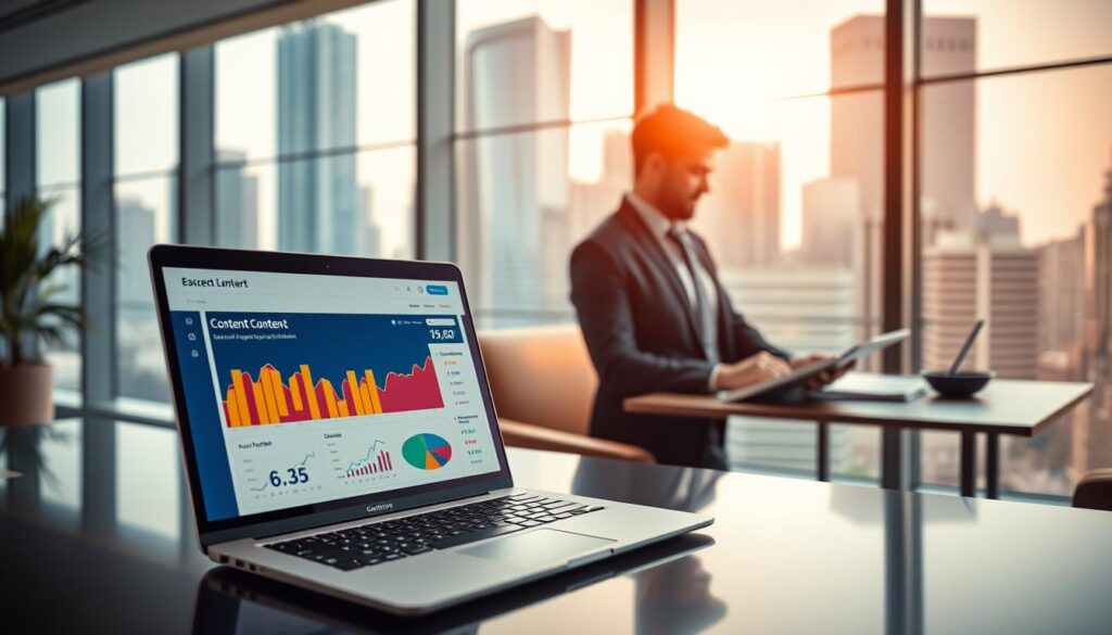 A sleek, modern office interior with a large window overlooking a bustling cityscape. In the foreground, a laptop displays an analytics dashboard, showcasing vibrant graphics and statistics illustrating the impact of content on search engine optimization (SEO). The middle ground features a stylish desk, where an expert in SEO intently analyzes the data, surrounded by reference materials. The background is bathed in warm, natural lighting, creating a sense of focus and productivity. The overall scene conveys the importance of content strategy in driving successful SEO outcomes.