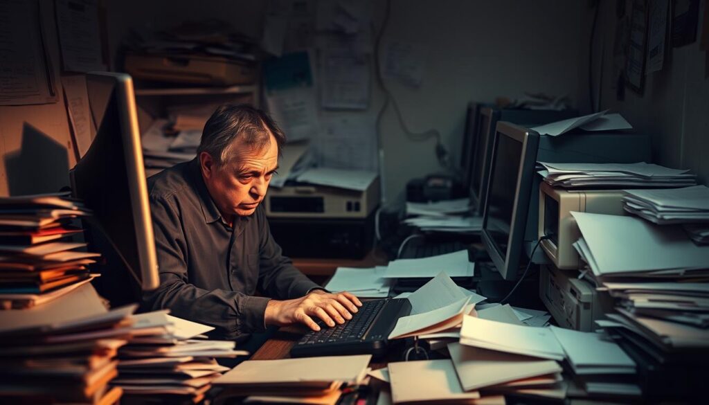 A small office workspace with a cluttered desk, computer monitor, and piles of papers scattered around. The lighting is dim, casting long shadows across the scene, suggesting a sense of struggle and lack of focus. In the foreground, a frustrated office worker is hunched over the keyboard, brow furrowed in concentration, surrounded by a sea of disorganized files and documents. The middle ground features outdated desktop equipment and a tangle of wires, hinting at the technological challenges of managing SEO without specialized support. The background is blurred, but conveys a feeling of isolation and the weight of the task at hand. Overall, the image evokes the difficulties of ranking a website without a dedicated SEO agency to provide expertise and guidance.