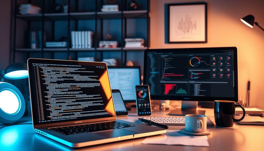 A technical website optimization scene showcasing a sleek, modern workstation. In the foreground, a laptop displays intricate lines of code, casting a warm glow across the desk. Surrounding it, a variety of devices - a tablet, smartphone, and desktop monitor - display performance metrics and analytical dashboards. The middle ground features carefully arranged office supplies, including a pen, notebook, and a mug of coffee, creating a productive atmosphere. In the background, shelves hold reference books and a minimalist wall art piece, suggesting a thoughtful, methodical approach to web optimization. Soft, directional lighting illuminates the scene, creating depth and emphasizing the attention to detail. The overall mood is one of focus, efficiency, and a commitment to technical excellence.