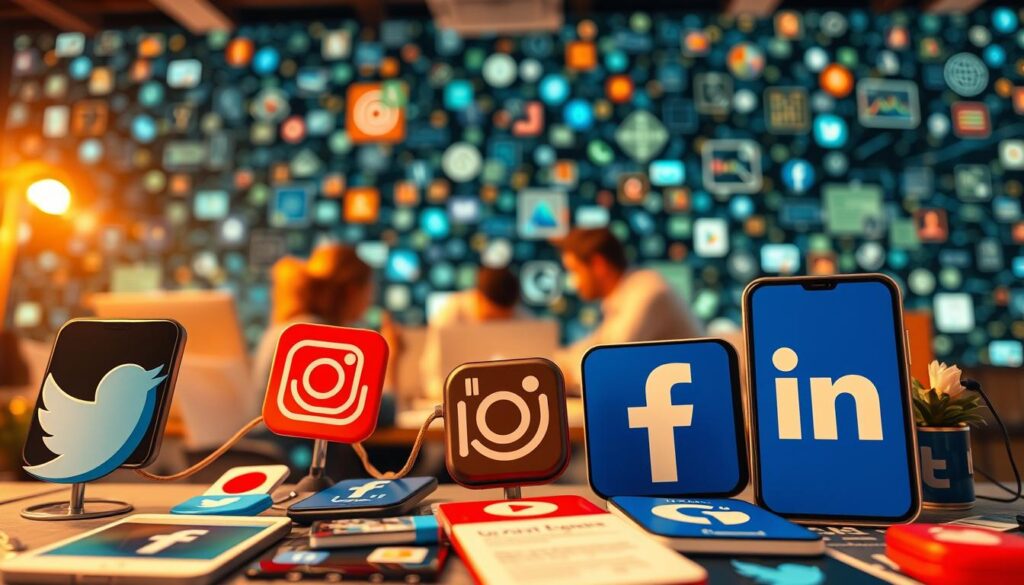 A vibrant and dynamic social media strategy, with a focus on organic growth. In the foreground, a diverse array of social media platforms - Twitter, Instagram, Facebook, and LinkedIn - each with its unique interface and branding. In the middle ground, a team of social media managers strategizing, analyzing data, and crafting engaging content. In the background, a swirling backdrop of digital information, highlighting the interconnectedness of the online world. Warm, golden lighting casts a subtle glow, emphasizing the collaborative and energetic atmosphere. A wide-angle lens captures the scene, showcasing the multifaceted nature of modern social media marketing.