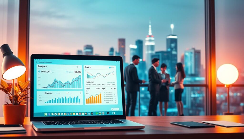 A vibrant, digitally-rendered scene showcasing the importance of SEO for business success. In the foreground, a laptop displays analytics and search engine optimization data, surrounded by a desktop workspace with office supplies and a potted plant. The middle ground features a group of business people collaborating, discussing strategies and ideas. In the background, a city skyline with skyscrapers and digital icons symbolizes the online landscape. Warm lighting, clean lines, and a sleek, professional aesthetic convey the power of SEO to drive business growth.