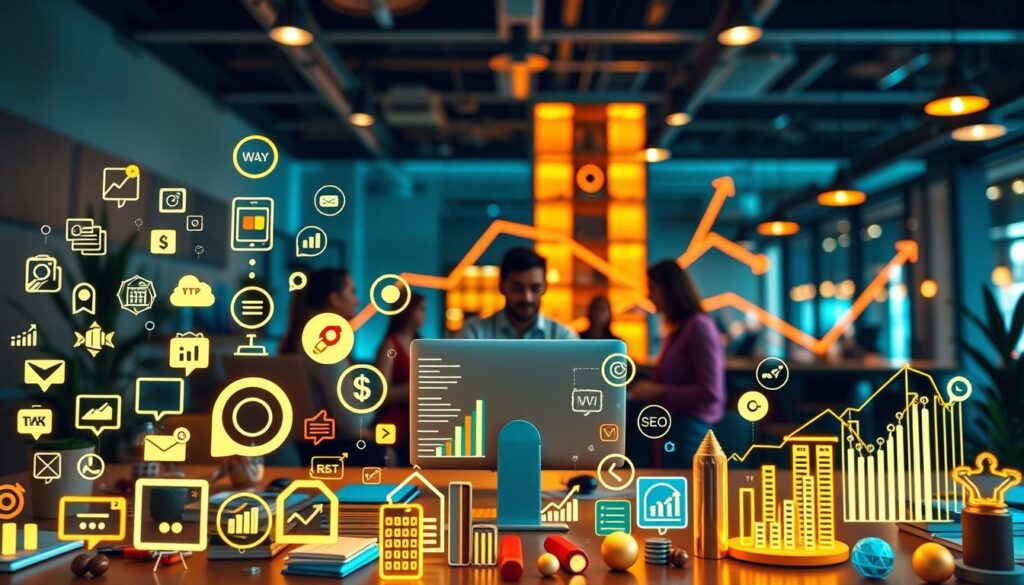 A vibrant, dynamic image showcasing the benefits of hiring a digital marketing agency. In the foreground, an array of digital marketing icons and tools - social media platforms, SEO optimization tools, analytics dashboards, and more - symbolizing the comprehensive services an agency can provide. In the middle ground, a team of skilled marketers collaborating, strategizing, and bringing these digital elements to life. The background features a prosperous, growing business - rising profits, expanding customer base, and increased brand recognition. Warm, inviting lighting casts a tone of productivity and success, while a wide-angle lens captures the overall synergy between the agency's expertise and the client's growth. The overall atmosphere conveys the value, efficiency, and transformative power of partnering with a proficient digital marketing agency.