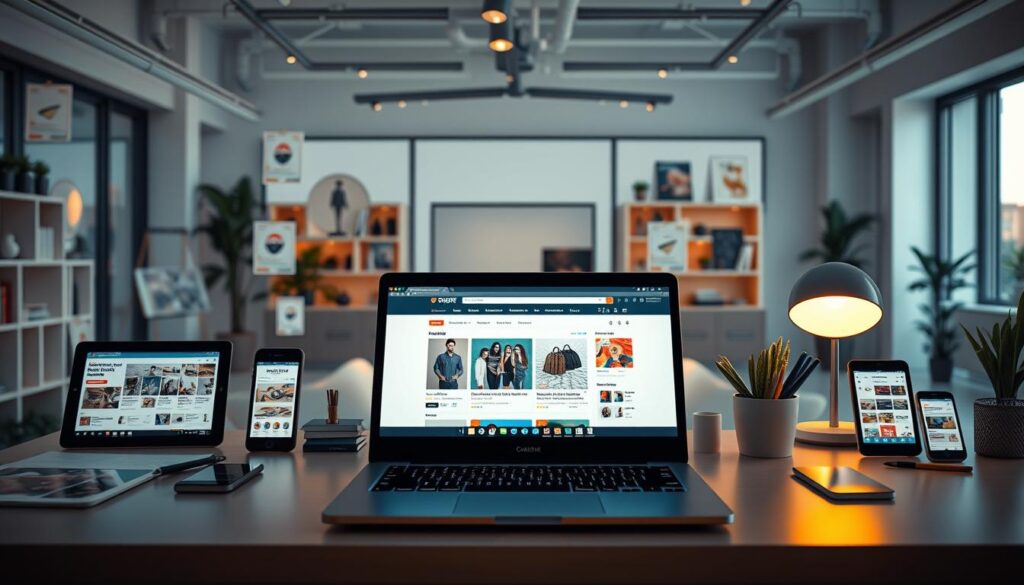 A vibrant e-commerce storefront, showcasing an array of digital marketing elements. In the foreground, a stylish laptop displays an online store interface, its screen illuminated by soft, warm lighting. Surrounding it, an assortment of devices, such as tablets and smartphones, each showcasing various digital marketing strategies - social media posts, email campaigns, and targeted advertisements. In the middle ground, a sleek, modern desk, with a minimalist aesthetic, complemented by carefully curated office supplies and decor, creating a professional and inviting atmosphere. The background features a clean, airy workspace, with large windows allowing natural light to flood the space, accentuating the digital-forward theme. The overall scene conveys a sense of innovation, efficiency, and the power of digital marketing to drive e-commerce success.