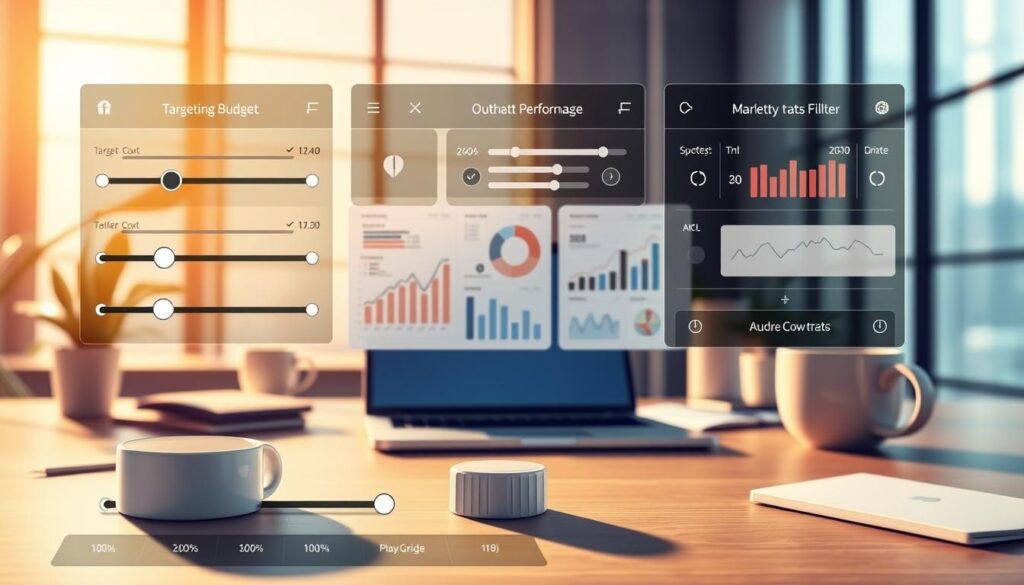 Detailed illustration of various filtering tools for optimizing digital marketing campaigns. In the foreground, a series of sliders and dials representing different targeting, budget, and performance metrics. In the middle ground, analytical charts and graphs visualizing campaign data. In the background, a minimalist office setting with a laptop, coffee mug, and desk accessories, all bathed in warm, natural lighting from a large window. The overall mood is one of productivity, focus, and technological sophistication, conveying the utility of these optimization filters in refining and enhancing digital advertising efforts.