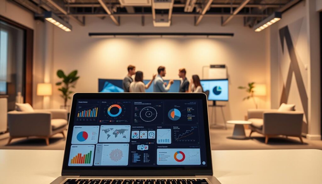 Serviços de marketing digital: a modern digital agency environment, with a sleek and minimalist aesthetic. In the foreground, a laptop displays various digital marketing tools and analytics dashboards. In the middle ground, a team of young professionals collaborates on a digital strategy, surrounded by large monitors and whiteboards. The background features stylish office furnishings, geometric patterns, and warm lighting that creates a professional yet creative atmosphere. The overall scene conveys the expertise, innovation, and collaborative nature of a leading digital marketing agency.